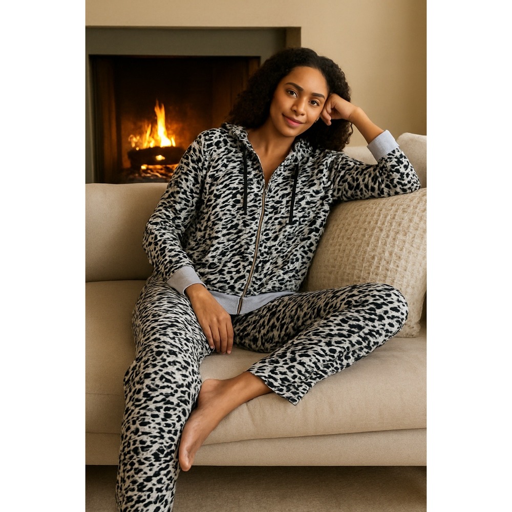 Lularoe Bethany Cozy Collection Lounge Set Size M Animal Print Hoodie Crop Pants
